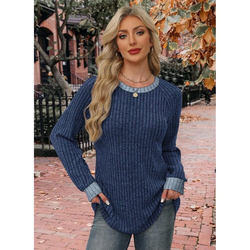 Women's Navy Blue Color Block Long Sleeve Shirt Lightweight Sweater Fall 2025 - Picture 3 of 5